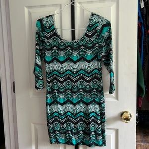 Black teal and white 3/4 length sleeve body con dress